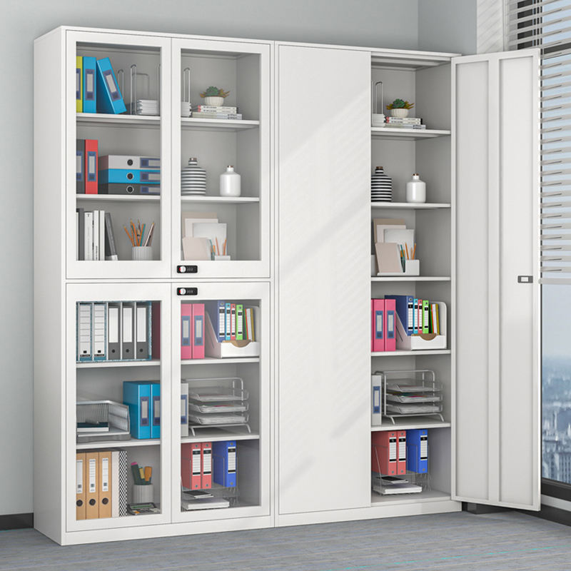 2023 Armário de armazenamento de estilo moderno Cabinete de armazenamento de metal com porta de vidro e gaveta