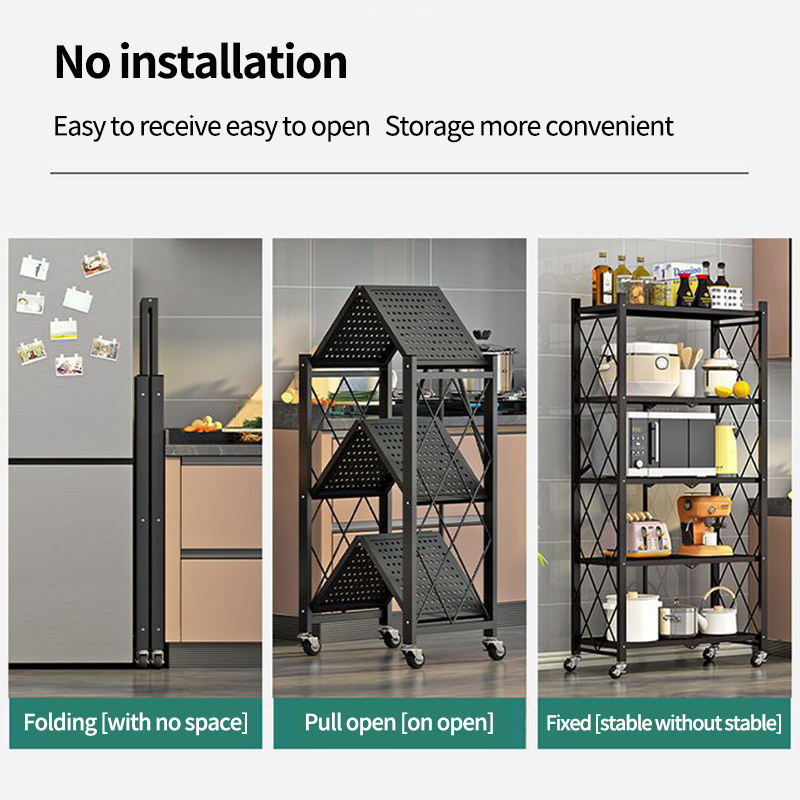 Rack de armazenamento dobrável de 5 camadas de metal com rodas, prateleira de metal, organizador de exibição de estampa para cozinha de varanda, rack de armazenamento esbelto